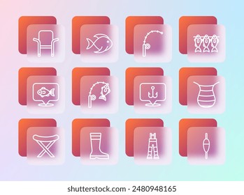 Set line Dried fish, Fishing boots, hook, Fisherman pants, rod and, Camping folding chair and  icon. Vector