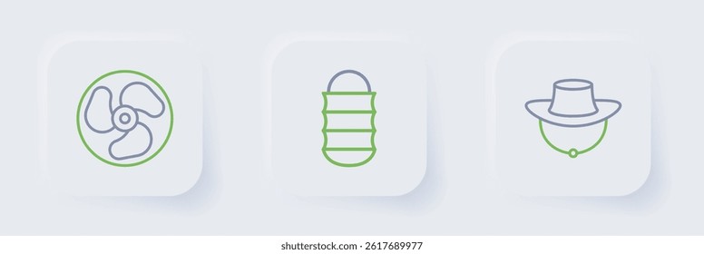 Set line Dried fish, Fishing net and Outboard boat motor icon. Vector