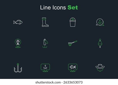 Set line Dried fish, Location fishing, Fishing hook, float, net, lure and  icon. Vector