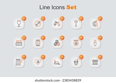 Set line Dried fish, Oktoberfest man, hat, Heart with glass of beer, Wooden mug, Salami sausage, Street signboard and barrel icon. Vector