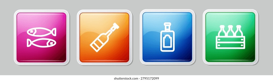 Set line Dried fish, Opened bottle of wine, Whiskey and Bottles a wooden box. Colorful square button. Vector