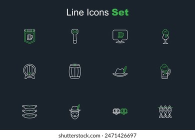 Set line Dried fish, Pretzel, Oktoberfest man, Sausage, Glass of beer, hat, Wooden barrel and on rack icon. Vector