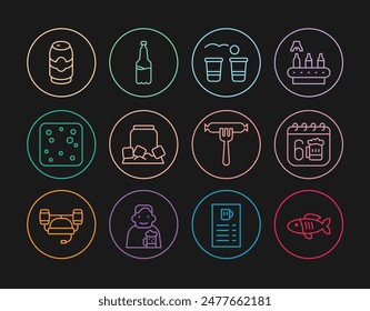 Pescado seco, calendario de día de San Patricio, juego de pong de cerveza, lata de cerveza fría, burbujas, salchicha el tenedor y el icono de botella de plástico. Vector