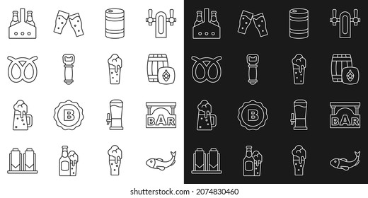 Set line Dried fish, Street signboard with Bar, Wooden barrel, Metal beer keg, Bottle opener, Pretzel, Pack of bottles and Glass icon. Vector