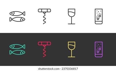 Set line Dried fish, Wine corkscrew, glass and Effervescent tablets water on black and white. Vector