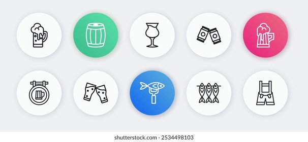 Set line Dried fish, Wooden beer mug, Street signboard with, Beer can, Glass of, Lederhosen and  icon. Vector