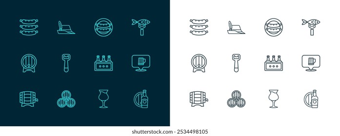 Set line Dried fish, Wooden barrel, Pack of beer bottles, Glass, Bottle opener, Sausage,  and Oktoberfest hat icon. Vector