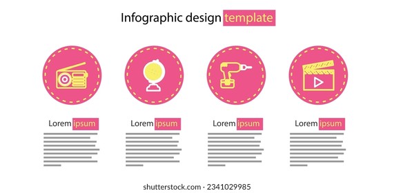 Set line Drill machine, Film reel, Download inbox and Radio icon. Vector