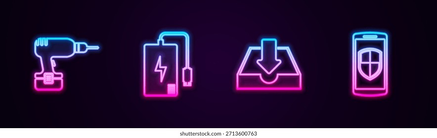 Set línea Taladro máquina, Banco de energía, bandeja de entrada de Descarga y Smartphone con escudo. Icono de neón brillante. Vector