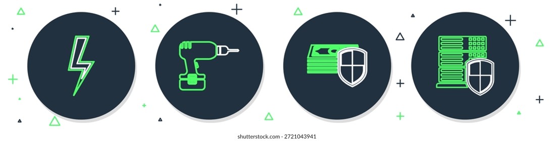 Set Linie Bohrmaschine, Power Bank, Play Video und Smartphone mit Schild-Symbol. Vektorgrafik