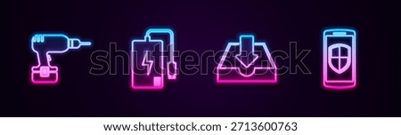 Set line Drill machine, Power bank, Download inbox and Smartphone with shield. Glowing neon icon. Vector