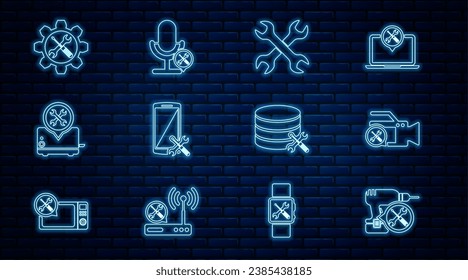 Establecer el servicio de la máquina de taladros de línea, la cámara de vídeo, los wrenchs cruzados, el Smartphone, la tostadora, el equipo de llave y destornillador, el servidor de bases de datos y el icono del micrófono. Vector