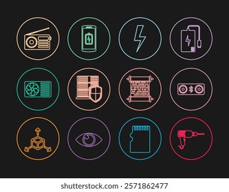 Set line Drill machine, speakers, Lightning bolt, Server with shield, Air conditioner, Radio, Paper scroll and Smartphone battery charge icon. Vector