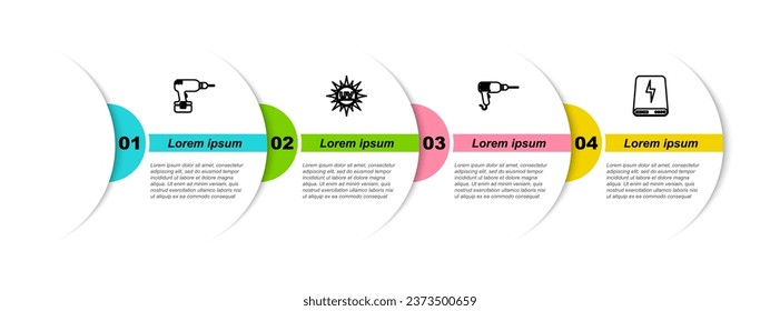 Set line Drill machine, UV protection,  and Power bank. Business infographic template. Vector