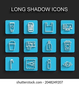 Set line Drinking plastic straw, Stop ocean pollution, Cream cosmetic tube, Bottle of water, Fish care, Paper glass and liquid soap icon. Vector