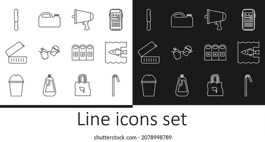 Set Line Drinking Plastic Straw, Stop Ocean Pollution, Spread The Word, Megaphone, Problem Of, Lunch Box, Disposable Knife, Trash Garbage Cans Sorted And Canister For Machine Oil Icon. Vector