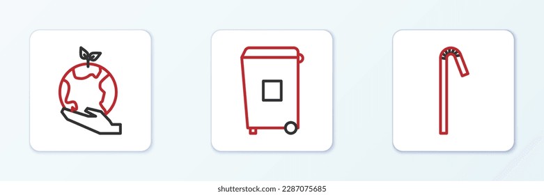 Set line Drinking plastic straw, Hand holding Earth globe and Trash can icon. Vector