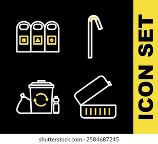 Set line Drinking plastic straw, Lunch box, Recycle bin with recycle and Trash garbage cans sorted icon. Vector