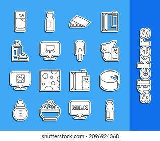Set line Drinking yogurt in bottle, Cheese, Milk jug or pitcher and glass, Udder, Whipped cream, Glass with milk and Ice icon. Vector