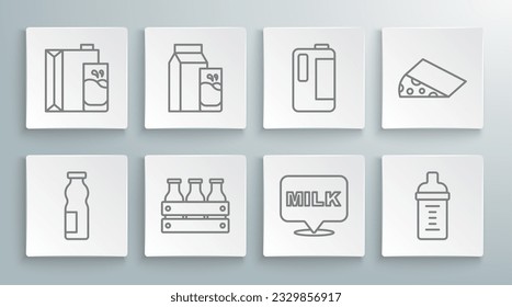 Set line Drinking yogurt in bottle, Paper package for kefir, Bottled milk wooden box, Lettering, Baby, Milk plastic, Cheese and  icon. Vector