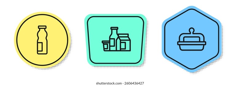 Set line Drinking yogurt in bottle, Milk product and Butter a butter dish. Colored shapes. Vector