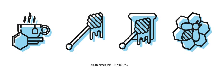 Set line dripping honey, Cup of tea with honey, Honey dipper stick with dripping honey and Bee and honeycomb icon. Vector