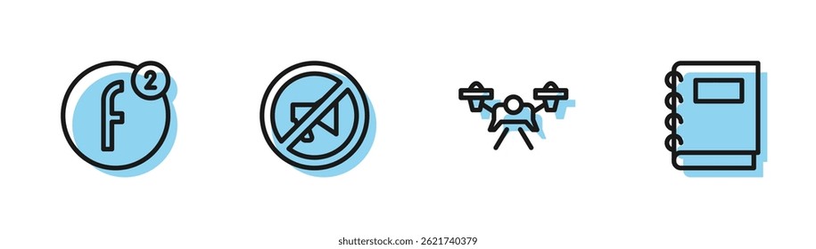 Set line Drone, Create account, Censored stamp and Notebook icon. Vector