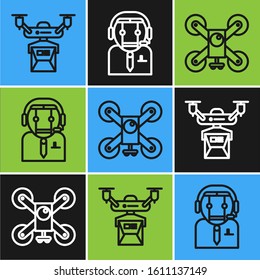 Set line Drone delivery concept, Drone flying with action camera and Worker robot icon. Vector