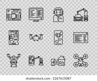 Set line Drone delivery concept, Worker robot, Industrial machine robotic arm hand, Printed circuit board PCB, Smart home and Software, web developer programming code icon. Vector