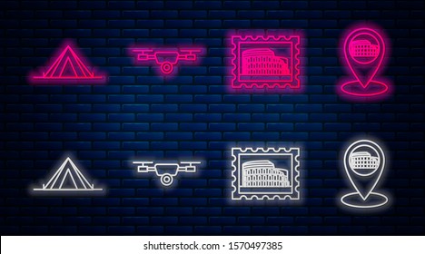 Set line Drone flying with action video camera, Postal stamp and Coliseum, Tourist tent and Map pointer with Coliseum in Rome, Italy. Glowing neon icon on brick wall. Vector