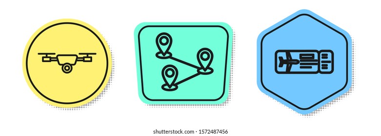 Set line Drone flying with action video camera, Route location and Airline ticket. Colored shapes. Vector