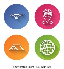 Set line Drone flying with action video camera, Map pointer with Egypt pyramids, Tourist tent and Globe with flying plane. Color circle button. Vector