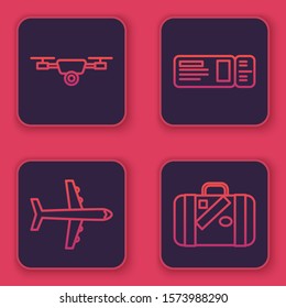 Set line Drone flying with action video camera, Plane, Travel ticket and Suitcase for travel and stickers. Blue square button. Vector