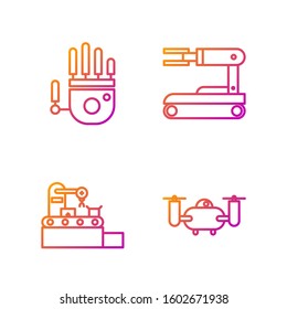 Set line Drone flying with action camera, Factory conveyor system belt, Mechanical robot hand and Robot. Gradient color icons. Vector