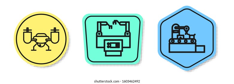 Set line Drone flying with action camera, Assembly line and Factory conveyor system belt. Colored shapes. Vector