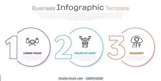 Set line Drone flying with action camera, Drone delivery concept and Internet of things. Business infographic template. Vector