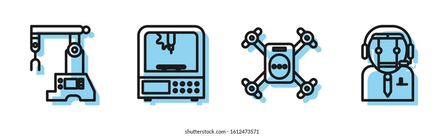 Set line Drone flying with action camera, Assembly line, 3D printer and Worker robot icon. Vector