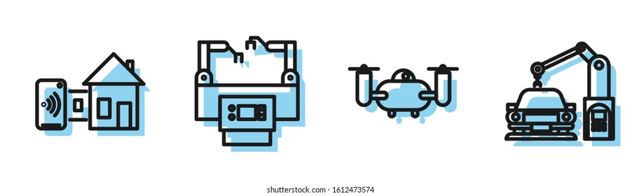 Set line Drone flying with action camera, Smart home, Assembly line and Industrial machine robotic robot arm hand icon. Vector