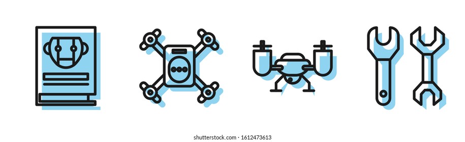 Set line Drone flying with action camera, User manual, Drone flying with action camera and Spanner icon. Vector