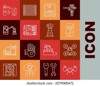 Set line Drone flying with action camera, Industrial machine robotic robot arm hand, Digital door lock wireless technology for unlock and Antenna icon. Vector