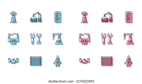 Set line Drone flying with action camera, Printed circuit board PCB, Antenna, Robot, Spanner, Assembly line,  and Industrial machine robotic robot arm hand icon. Vector