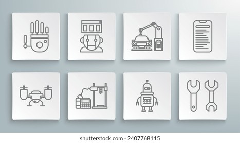 Ajuste la línea Drone volando con cámara de acción, Robot, impresora 3D, Spanner, máquina industrial robot robot mano mano brazo, interfaz de computadora e icono Mecánico. Vector