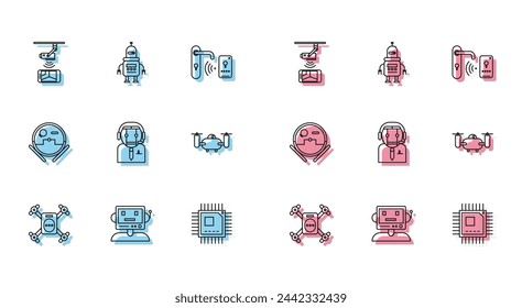 Set line Drone flying with action camera, Robot, Wireless Controlling CCTV security, Processor microcircuits CPU, Worker robot, vacuum cleaner and  icon. Vector