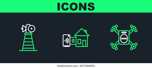 Set line Drone flying with action camera, Antenna and Smart home icon. Vector