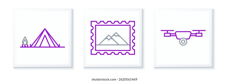 Set line Drone flying with action video camera, Tourist tent wood fire and Postal stamp and Mountains icon. Vector