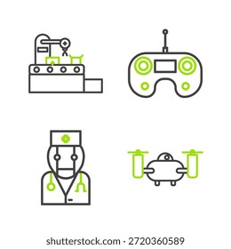 Set line Drone volando con cámara de acción, doctor Robot, control remoto e icono de la correa del sistema transportador de fábrica. Vector
