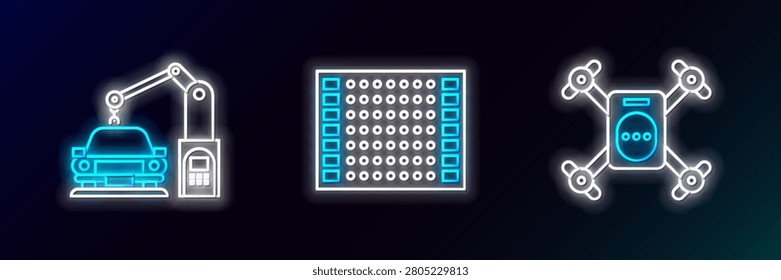Set line Drone flying with action camera, Industrial machine robotic robot arm hand and Printed circuit board PCB icon. Glowing neon. Vector