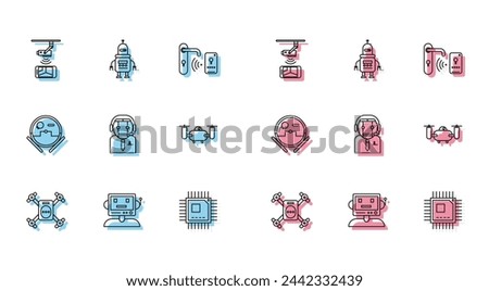 Set line Drone flying with action camera, Robot, Wireless Controlling CCTV security, Processor microcircuits CPU, Worker robot, vacuum cleaner and  icon. Vector
