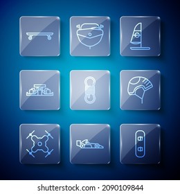 Set line Drone flying, Formula 1 racing car, Snowboard, Windsurfing, Climber rope, Longboard skateboard and Helmet icon. Vector