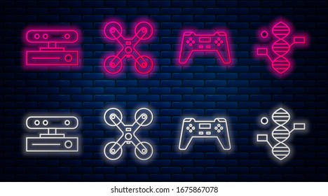 Set line Drone flying, Gamepad, Motion sensor and DNA symbol. Glowing neon icon on brick wall. Vector